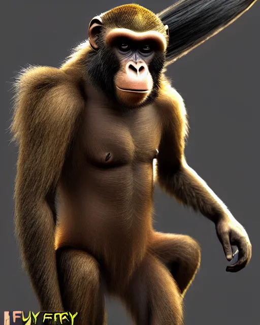 Image similar to fury art, an anthro ape monkey wearing a large cape and a fantasy armor, jungle background, 3 d, 8 k, extremely detailed, trending on furaffinity, trending on artstation, award winning, sharp focus, illustration
