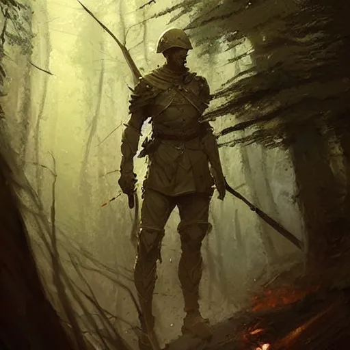 Image similar to male soldier in the forest, by Greg Rutkowski!!!, D&D, fantasy, intricate, elegant, highly detailed, digital painting, artstation, concept art, matte, sharp focus, illustration