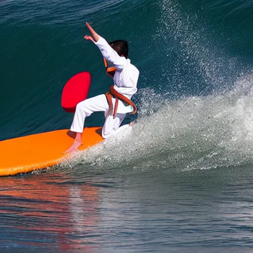 Prompt: a karate person in a karate outfit surfing on waves made of pumpkin soup