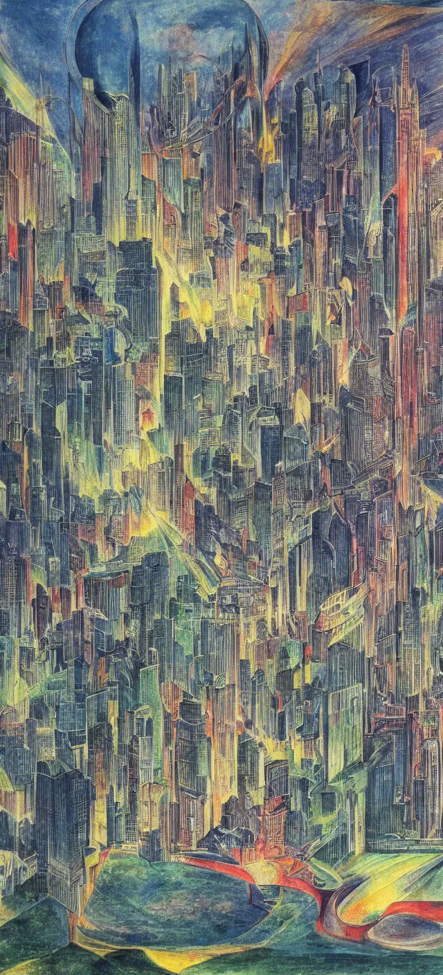 Image similar to a futuristic cityscape by william blake, colorful, wide greenways