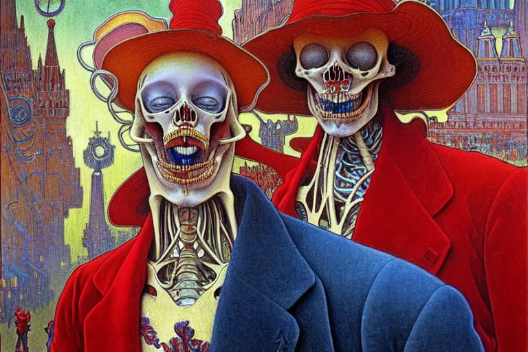 Image similar to realistic detailed closeup portrait painting of a single skeleton wearing red velvet blazer in a crowded futuristic moscow street by Jean Delville, Amano, Yves Tanguy, Alphonse Mucha, Ernst Haeckel, Edward Robert Hughes, Roger Dean, rich moody colours, blue eyes