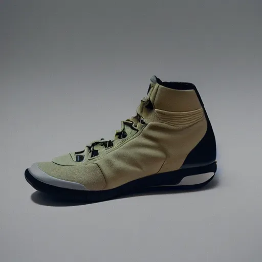 Prompt: a photoshoot of A Nike sneaker boot designed by Dieter Rams, minamalist, realistictic, color film photography by Tlyer Mitchell, 35 mm, graflex