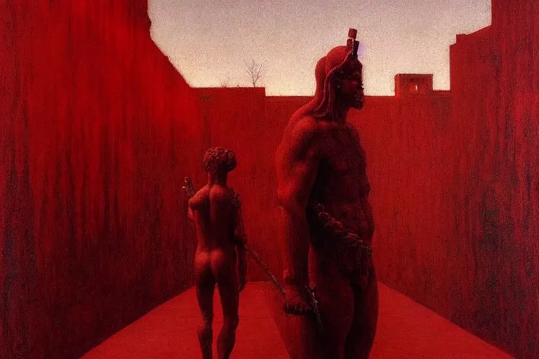 Image similar to only with red, caesar after war, a red tiger, in hoc signo vinces, rome in background, an ancient path, in the style of beksinski, part by hopper, part by rodcenko, part by hofbauer, intricate composition, red by caravaggio, insanely quality, highly detailed, masterpiece, red light, artstation