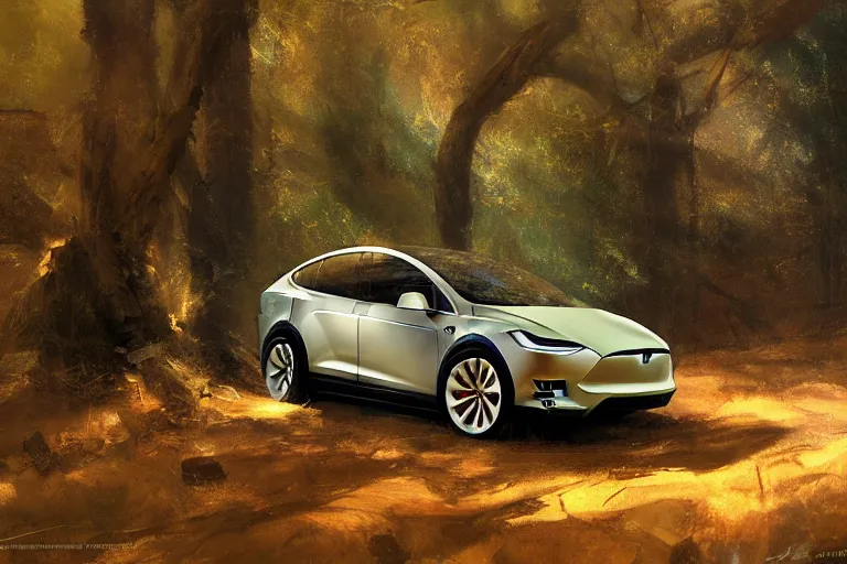 Image similar to A painting of a Tesla Model X in a forest by Craig Mullins, dramatic lighting, cinematic, establishing shot, extremely high detail, artstation