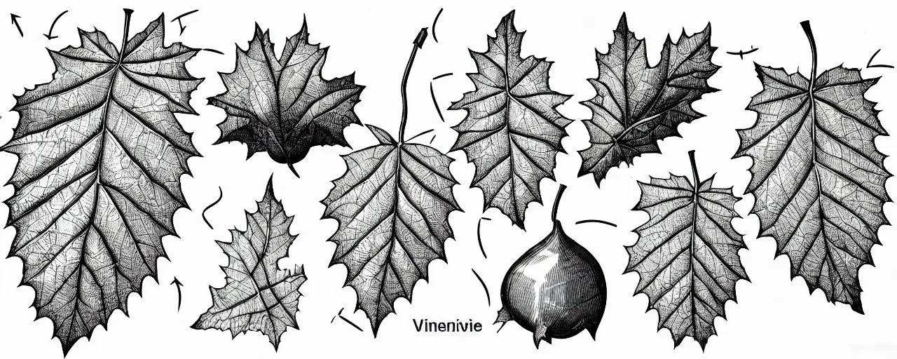 Prompt: a full page schematic diagram illustration of a vine leaf with an oak acorn, ultra detailed, 4 k, intricate, encyclopedia illustration, fine inking lines