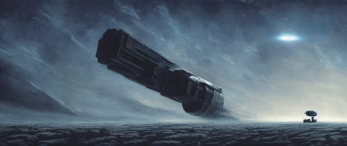 Prompt: concept art, a single lonely spaceship drifting in space, exploring, the expanse tv series, industrial design, lost in the immensity of space, spatial phenomena, cinematic lighting, 4k, greebles, widescreen ratio, wide angle, beksinski, sharp and blocky shapes