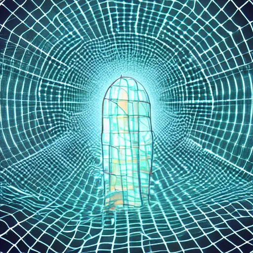 Prompt: human in a neural mesh cocoon plugged into cyberspace, perfect future, award winning digital art