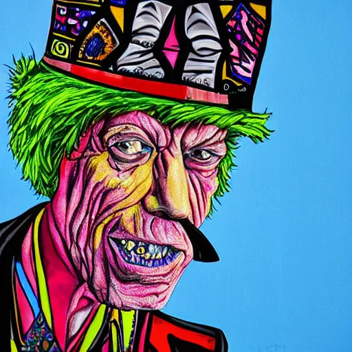 Image similar to old man wearing voodoo hat, mick jagger, art by meow wolf