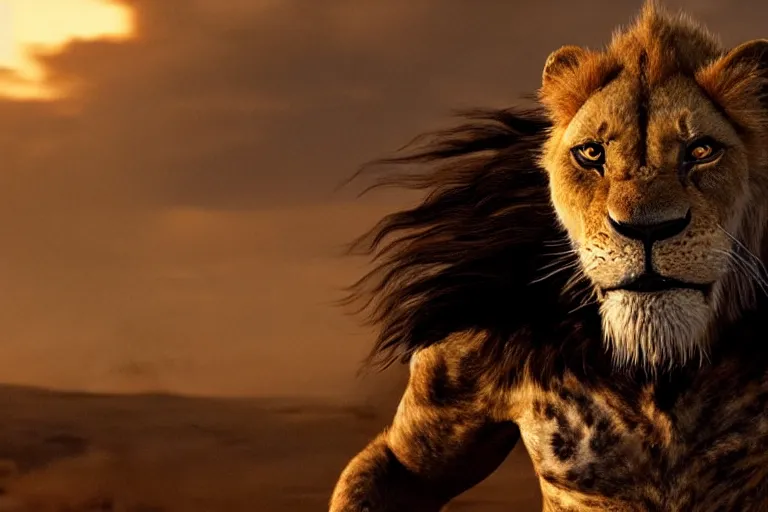 Image similar to scar ( from the lion king ), heavily armed and armored facing down armageddon in a dark and gritty version from the makers of mad max : fury road : witness me