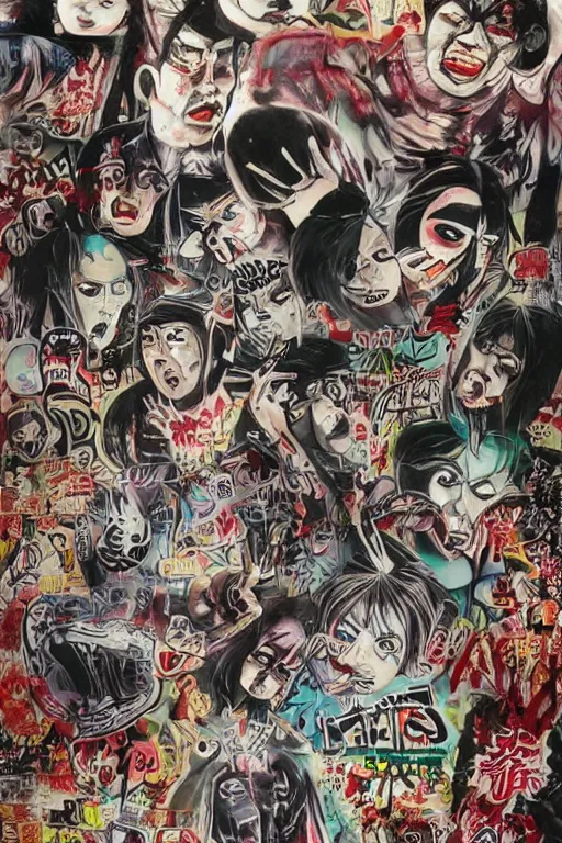 Image similar to graffiti japanese horror vhs cover art, detailed facial expressions