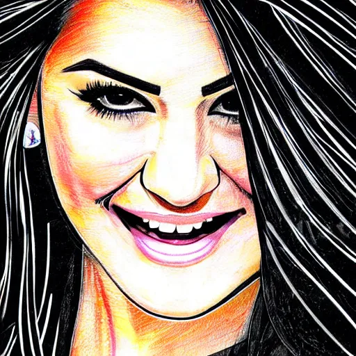 Image similar to joyful look in her eyes Maite Perroni in 2005 close-up portrait looking straight on, complex artistic color ink pen sketch illustration, full detail, gentle shadowing, fully immersive reflections and particle effects, chromatic aberration.