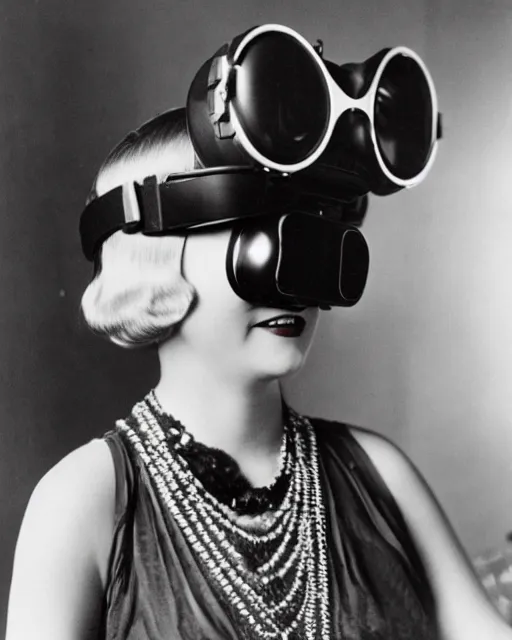 Image similar to 1 9 2 0 s photo of a flapper girl wearing a vr headset on a stage in a speakeasy