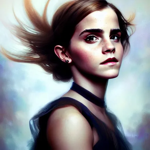 Image similar to beautiful portrait of emma watson, natural beauty expressive pose, fantasy, intricate, elegant, highly detailed, digital painting, artstation, concept art, smooth, sharp focus, luxury fashion illustration, art by artgerm and greg rutkowski and alphonse mucha, brightly lit cinematic soft lighting, photorealistic