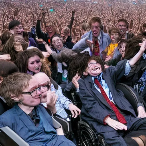 Image similar to several clones of stephen hawking raving in a muddy mosh pit