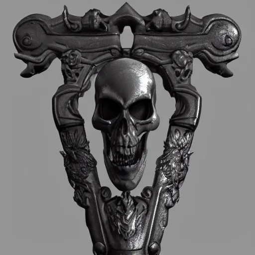 Image similar to a black sword skull handle, ornament, on a gray background, a 3 d render by dom qwek, raytracing, trending on polycount, futurism, hard surface modeling, rendered in maya, artstation hd