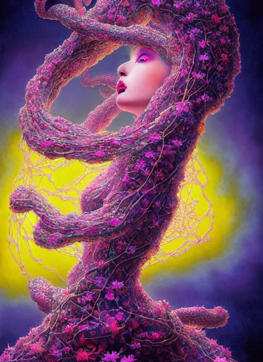 Prompt: hyper detailed 3d render like a Oil painting - kawaii portrait Aurora (ancient black haired Fae acrobat) seen Eating of the Strangling network of yellowcake aerochrome and milky Fruit and Her delicate Hands hold of gossamer polyp blossoms bring iridescent fungal flowers whose spores black the foolish stars by Jacek Yerka, Mariusz Lewandowski, Houdini algorithmic generative render, Abstract brush strokes, Masterpiece, Edward Hopper and James Gilleard, Zdzislaw Beksinski, Mark Ryden, Wolfgang Lettl, hints of Yayoi Kasuma, octane render, 8k