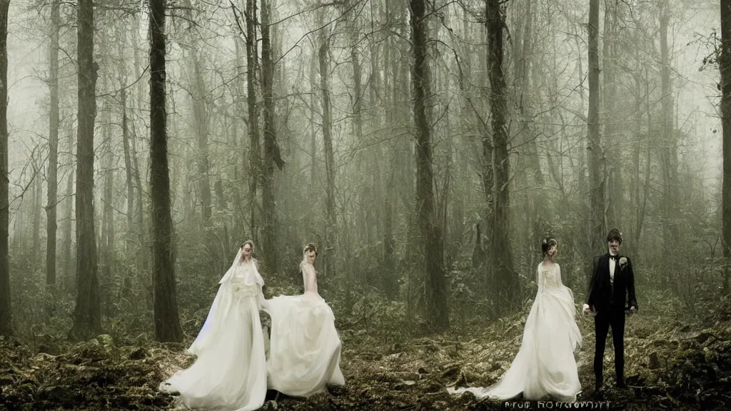 Prompt: eerie atmospheric symmetrical vogue wedding photography in a forest by paolo roversi