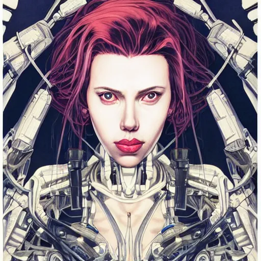 Image similar to portrait of beautiful crying cyborg scarlett johansson, big ribbon, symmetrical, by yoichi hatakenaka, masamune shirow, josan gonzales and dan mumford, ayami kojima, takato yamamoto, barclay shaw, karol bak, yukito kishiro, hajime soriyama