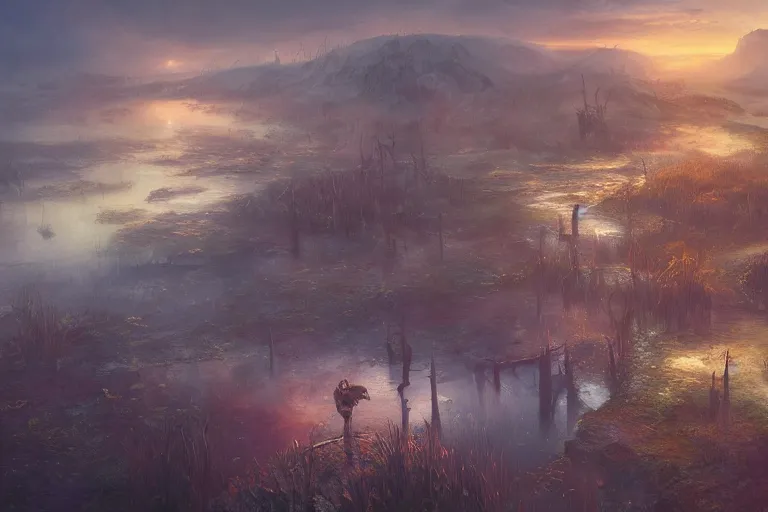 Image similar to aerial view, cinematic fantasy painting, dungeons and dragons, a faerie village hovels, swamp reeds wetland marsh estuary, with sunset lighting ominous shadows, an egret by jessica rossier and brian froud cinematic painting