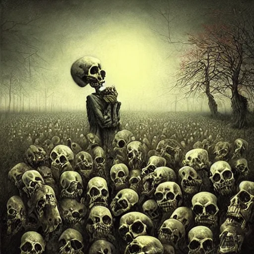 Image similar to a hyperrealistic painting of a psychedelic nightmare landscape, skulls, bones, by anton semenov and santiago caruso, highly detailed, vivid color,