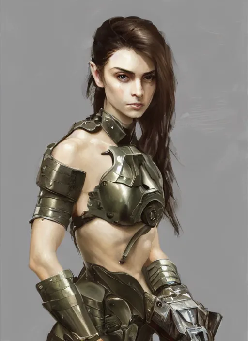 Image similar to a professional painting of a beautiful young female, clothed in military armor, olive skin, long dark hair, beautiful bone structure, symmetrical facial features, intricate, elegant, digital painting, concept art, smooth, sharp focus, illustration, from Metal Gear, by Ruan Jia and Mandy Jurgens and Artgerm and William-Adolphe Bouguerea