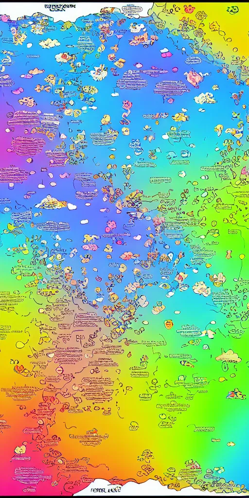 Image similar to infographic map of a heavenly realm split into regions with population information and statistics in the style of a three dimensional map highly detailed digital saturated colors full color inked drawn by bob ross and lisa frank