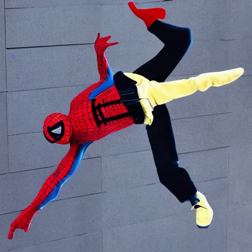 Prompt: michael jackson as spiderman flying through the city, bright