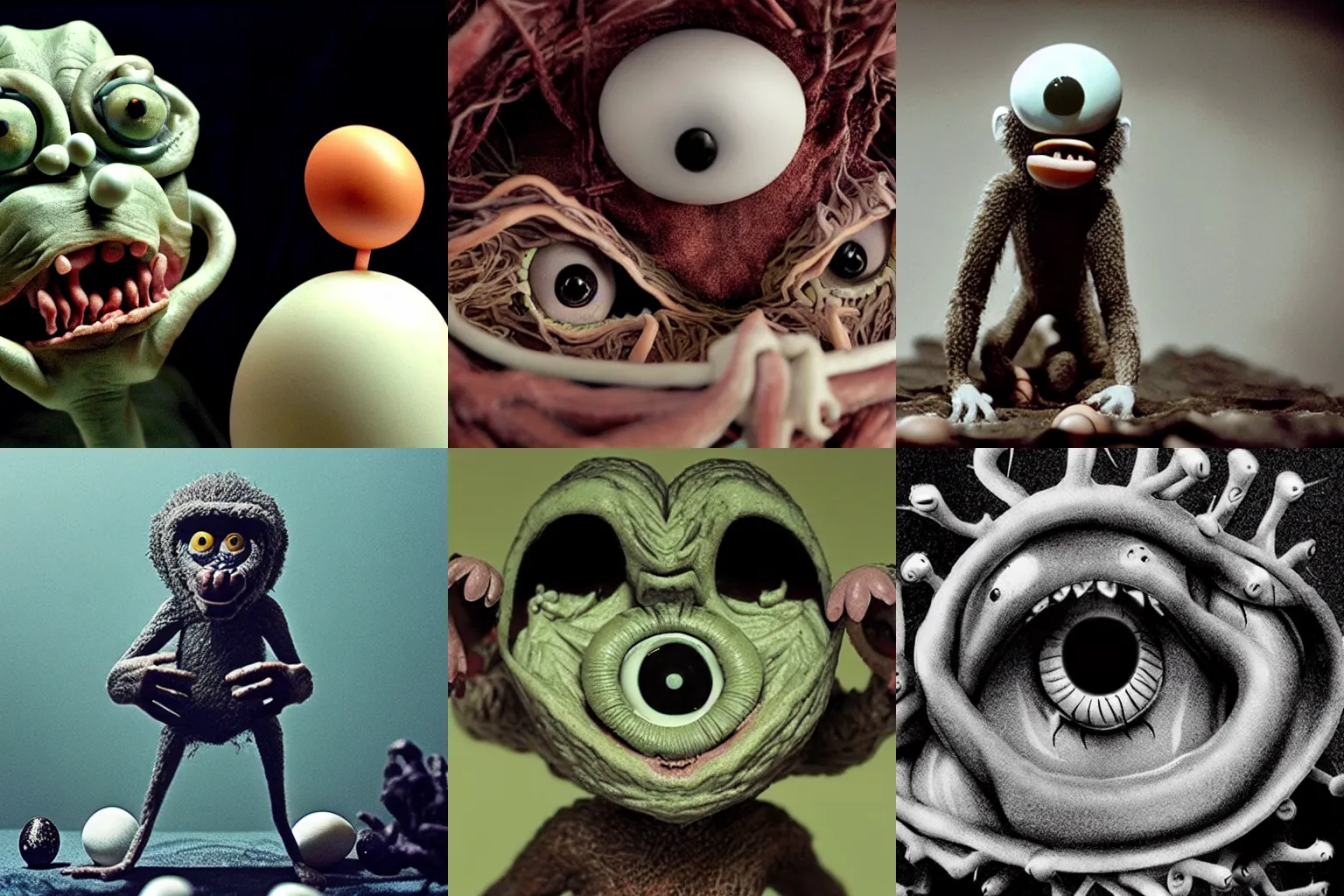 Prompt: a terrifying baboon eye monster hatches violently from an egg, minimalistic and creepy M-rated claymation film directed by Tim Burton, David Cronenberg, Junji Ito