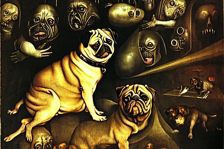 Image similar to a happy pug in a disturbing nightmare, single subject, scenic full shot, ambient lighting, detailed face, by hr giger, by hieronymus bosch