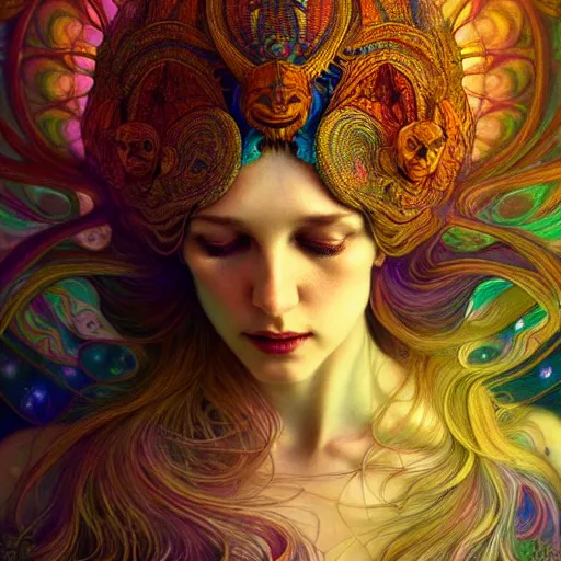 Image similar to An extremely psychedelic Air Goddesses, surreal, dramatic lighting, magic mushrooms, psilocybin, LSD, face, detailed, intricate, elegant, lithe, highly detailed, digital painting, artstation, concept art, smooth, sharp focus, illustration, art by Krenz Cushart and Artem Demura and alphonse mucha