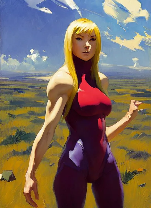 Prompt: Greg Manchess painting of Zero Suit Samus, countryside, calm, fantasy character portrait, dynamic pose, above view, sunny day, thunder clouds in the sky, artwork by Jeremy Lipkin and Giuseppe Dangelico Pino and Michael Garmash and Rob Rey, very coherent asymmetrical artwork, sharp edges, perfect face, simple form, wacky, 100mm