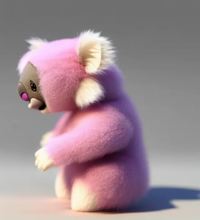 Image similar to high quality 3 d render hyperrealistic very cute small pink koala smoking weed joint, rising smoke, plush mascot, short spiky dense fluffy smooth hair, photo from the side, pink fluffy fur, 1 5 0 mm, beautiful natural soft light, rim light, vray, smooth background, artstation, ultra detailed