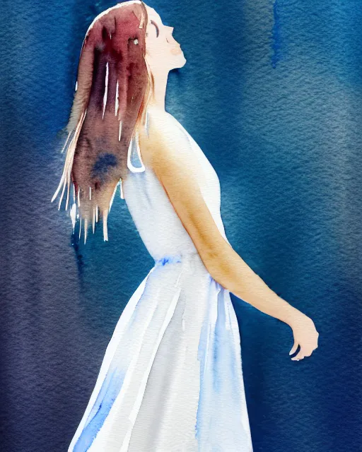 Prompt: watercolor picture of a beautiful young woman in white dress, high key, 8k