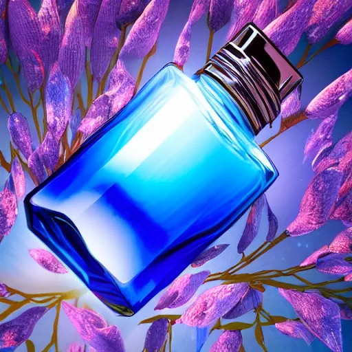 Image similar to photorealistic blue perfume bottle surrounded by plethora of blue flowers, lonely world still shining through faintly rainbow led lights, beautiful surreal scenery artwork pixiv. soul dust. unthinkable dream sublime god lighting, sun rays, cold colors. insanely detailed, artstation!! pixiv!! infinitely detailed created by god