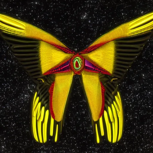 Image similar to multicolor open wings, a yellow 8-point-star in the center, an open eye in its center, space in the background, but as a photograph