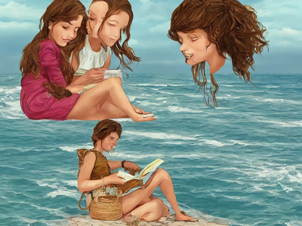 Prompt: a girl reading a book by the sea with Grogu by her side, in the style of Greg Rutkowsky, digital art, very detailed, high definition