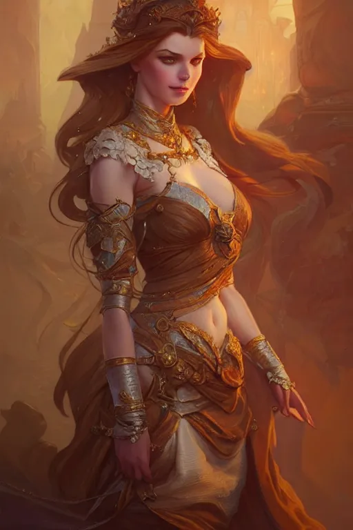 Prompt: Beautiful female princess, Full body shot, D&D, fantasy, intricate, elegant, highly detailed, digital painting, artstation, concept art, matte, sharp focus, illustration, hearthstone, art by Artgerm and Greg Rutkowski and Alphonse Mucha