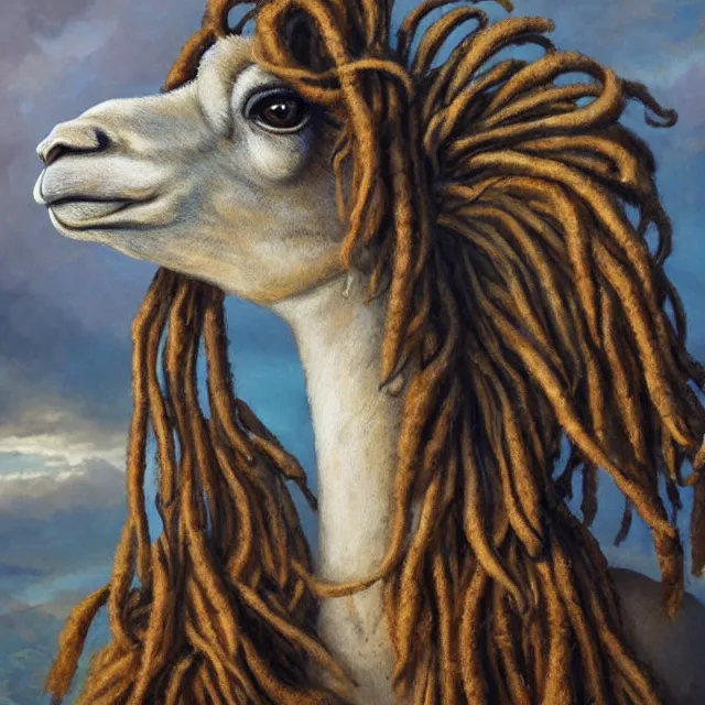 Prompt: llama with dreadlocks, by mandy jurgens, ernst haeckel, james jean. in the style of industrial sci - fi