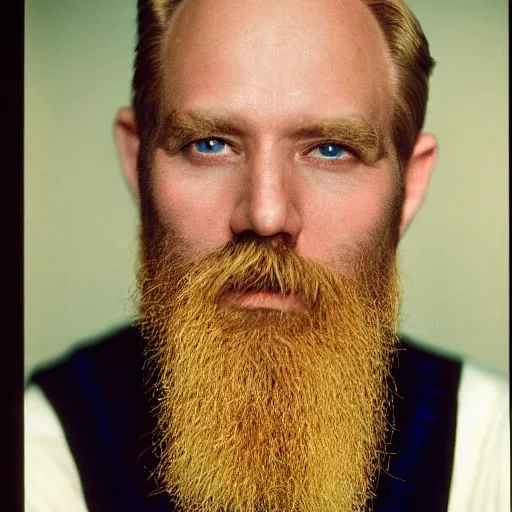 Image similar to color 35mm film still of a balding, middle aged blond man with a full blond beard and dark blue eyes, figure portrait