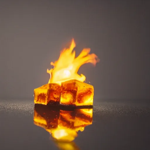 Prompt: High definition professional photography of an ice cube that is on fire, 8k, studio lighting