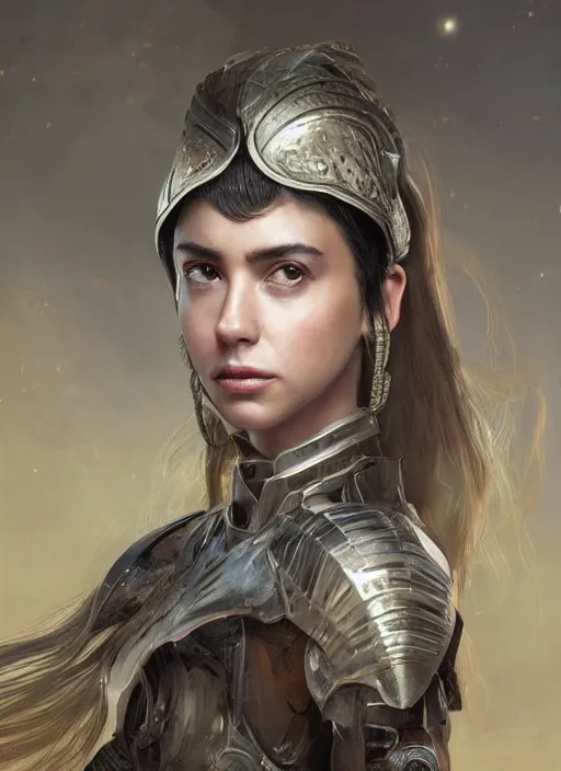 Image similar to a professional portrait of a beautiful young female, clothed in ethereal battle armor, olive skin, long dark hair, beautiful bone structure, symmetrical facial features, intricate, elegant, digital painting, concept art, smooth, sharp focus, finely detailed, illustration, from Valerian and the City of a Thousand Planets, in the style of Ruan Jia and Mandy Jurgens and Artgerm and Greg Rutkowski and William-Adolphe Bouguerea