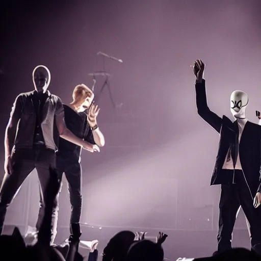 Image similar to slenderman on stage with macklemore, concert, photography, studio lighting,