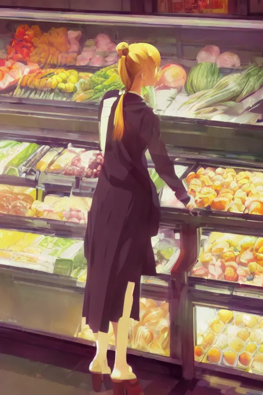 Image similar to a photography of a woman Grocer with frock,looks like Ziyi Zhang ponytail, grocery store around，winter,anime style character, clean soft lighting, backlit beautiful face, Oil painting, by Ilya Kuvshinov, Greg Rutkowski and Makoto Shinkai