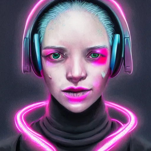 Image similar to Portrait of a woman by Greg Rutkowski, symmetrical face, a girl withj neon pink bob hair using a VR Headset, Kubric Stare, crooked smile, she's wearing an oversized hoodie, highly detailed portrait, scifi, digital painting, artstation, book cover, cyberpunk, concept art, smooth, sharp foccus ilustration, Artstation HQ