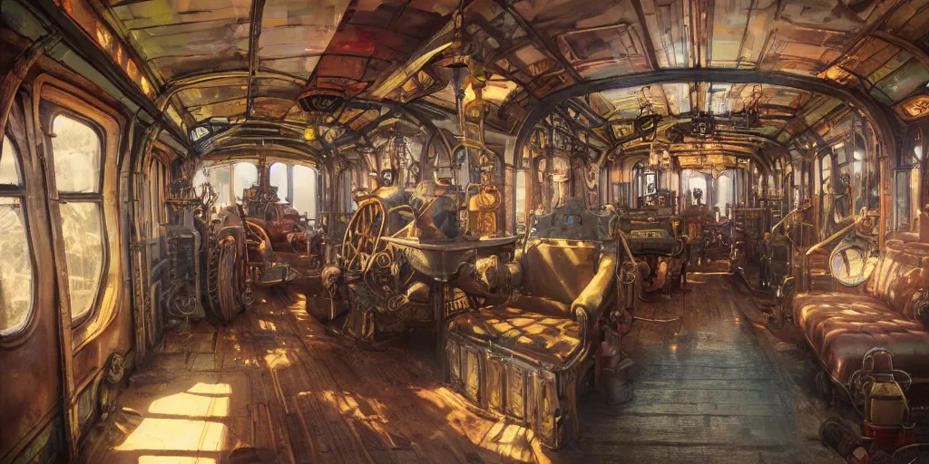 Image similar to steampunk train wagon interior, colorful, contrast, depth of field, 3 d scene, render, greg rutkowski, zabrocki, karlkka, jayison devadas, trending on artstation, 8 k, ultra wide angle, zenith view, pincushion lens effect