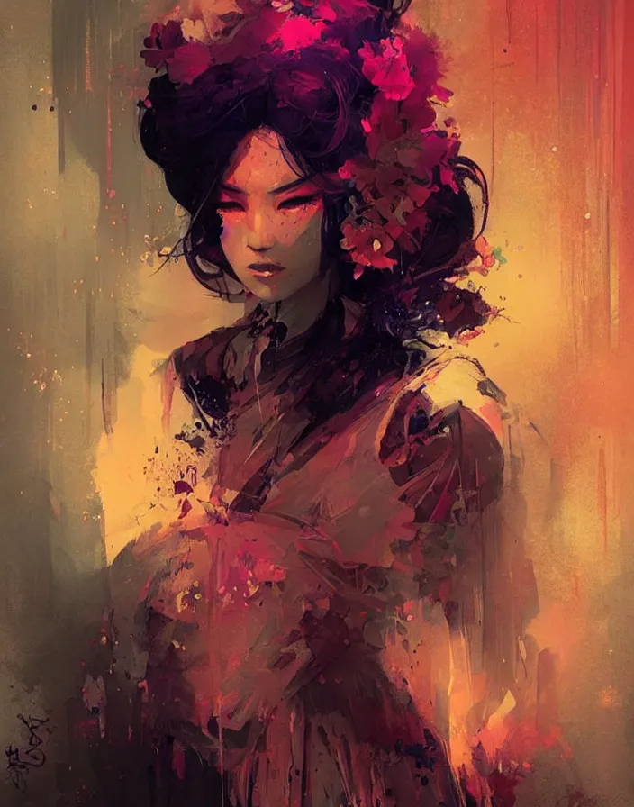 Prompt: portrait of a beautiful geisha, volume lighting, concept art, by greg rutkowski!!, dramatic, xray melting colors!!