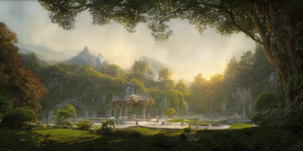 Prompt: The Pavilion in Rivendell, evening, detailed matte painting, cinematic, Alan Lee, Artstation