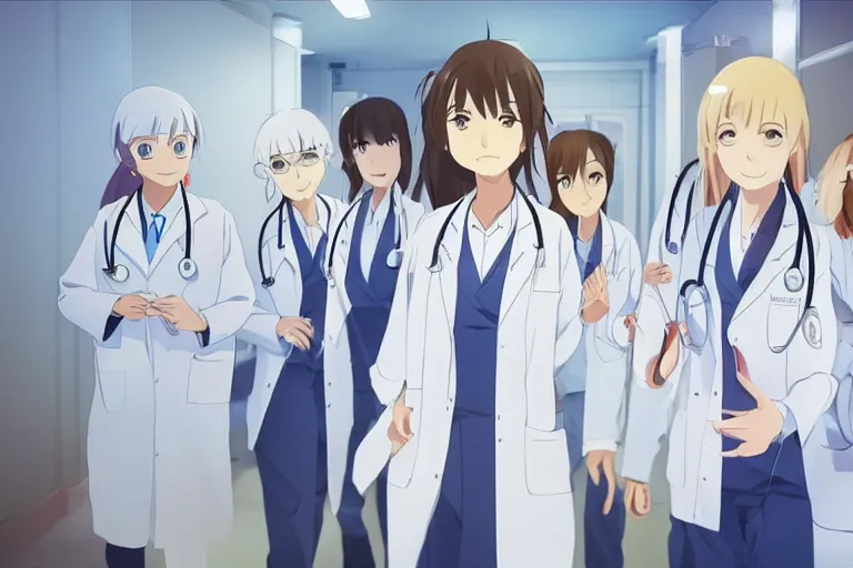 Image similar to a cute young female doctor wearing white coat are leading a group of doctors around a bed in hospital, slice of life anime, cinematic, lighting, 8kHDR, anime scenery by Makoto shinkai