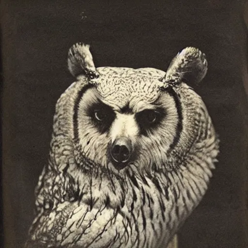 Image similar to photograph of a hybrid animal with the body of a bear and the head of an owl