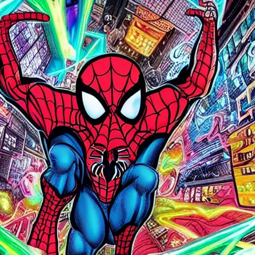 Image similar to spider - man in the 5 th dimension, acid trip visuals, scarlet spider - man, trippy, lsd, 5 th dimensional warp, amazing spider - man, dmt art